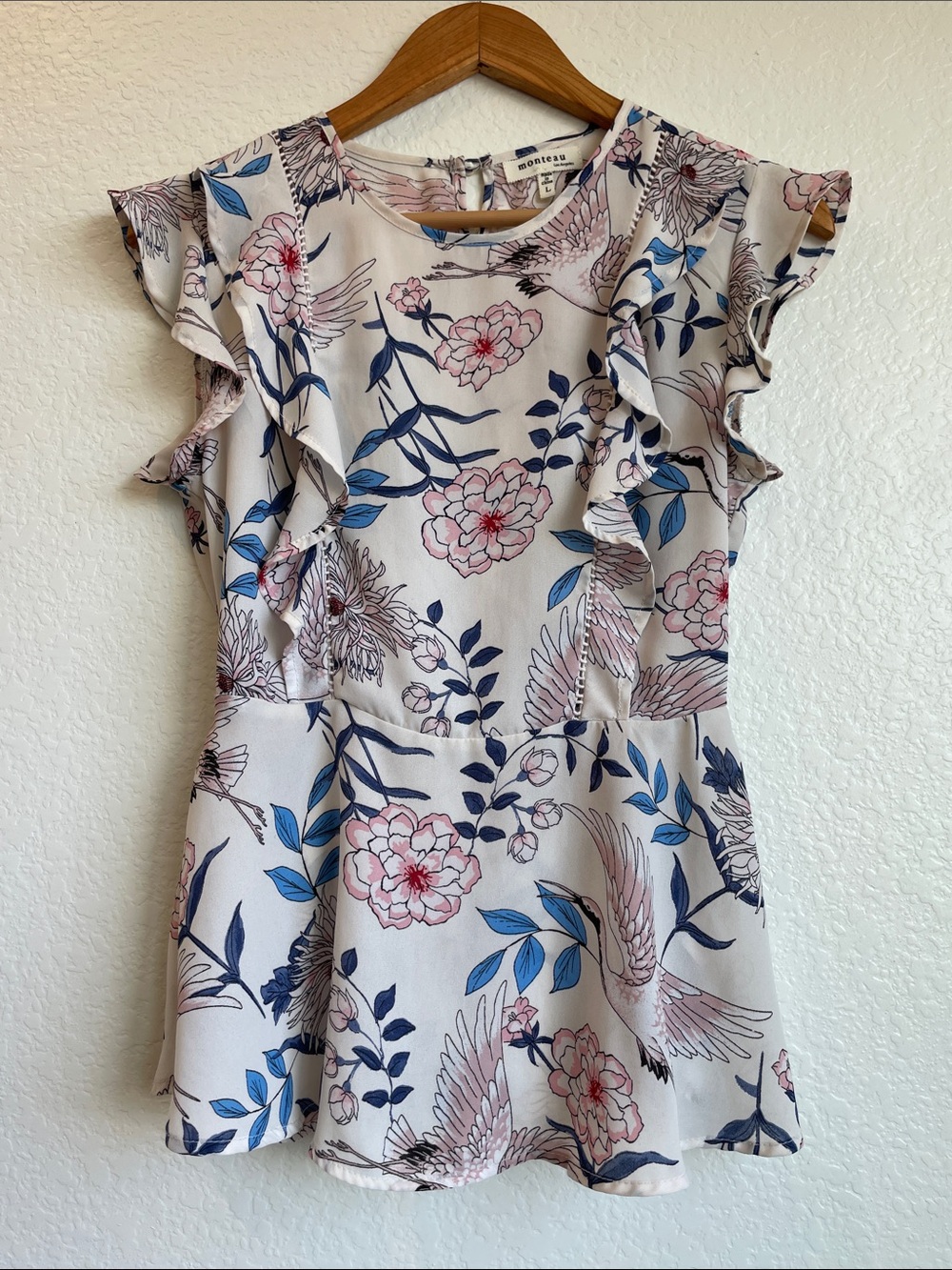 MONTEAU Floral Ruffle Sleeve Blouse in Light Pink and Blue